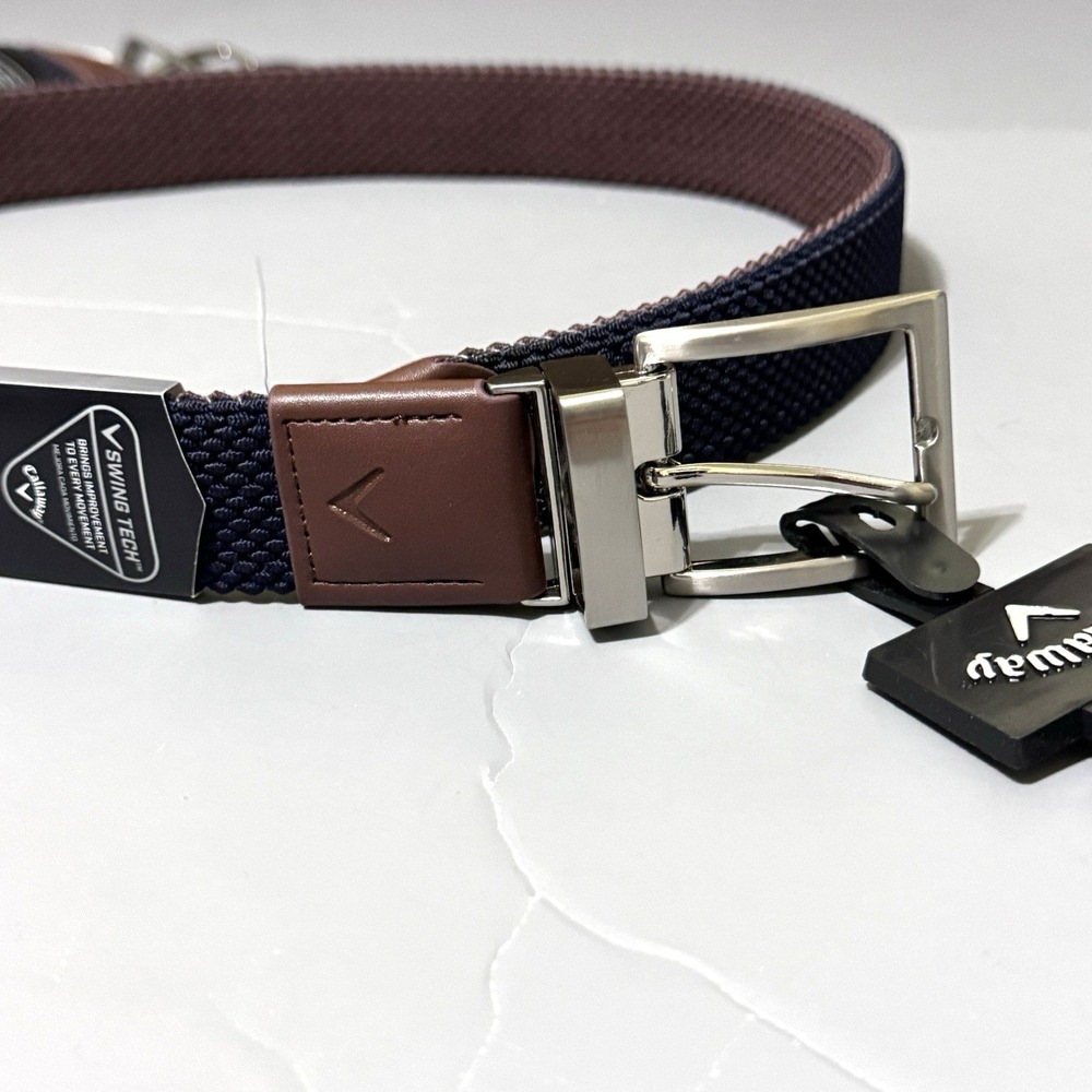 CALLAWAY GOLF Swing Tech Reversible Navy-Brown Braided Stretch Belt S 30-32 NWT